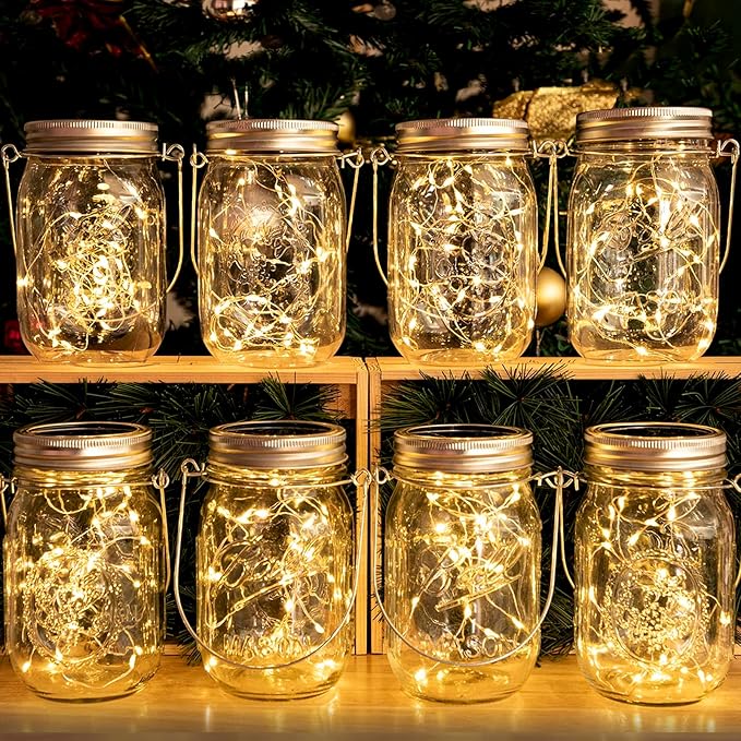 Solar Lanterns, 8 Pack Mason Jar Lights with Warm White LEDs