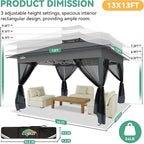 COBIZI 13x13 FT Pop up Gazebo on Clearance - Outdoor pop up Canopy Tent,carpas para Patio, Shelter - Screen Tents with Portable Carry Bag, Patio Gazebos for Camping,Garden,Deck,Backyard,Darkgrey