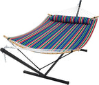 SUPERJARE Curved-Bar Hammock with Stand, 2 Person Heavy Duty Hammock Frame, Detachable Pillow & Portable Carrying Bag, Perfect for Outdoor & Indoor, Retro Blue and Green