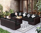 NICESOUL 11 Piece L-Shaped Outdoor Patio Furniture Set with Fire Pit Natural Gas/Propane, 29.3'' High Back Conversation Set, Extra Large Deep Couch Sofa Sectional Sets, Brown Rattan and Black Cushion