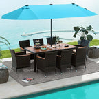 Tangkula 11 Piece Rattan Outdoor Dining Set with 15Ft Patio Umbrella for 8, Outdoor Wicker Table Set with 8 Cushioned Armchairs, Acacia Wood Top, Outdoor Umbrella with Base Included