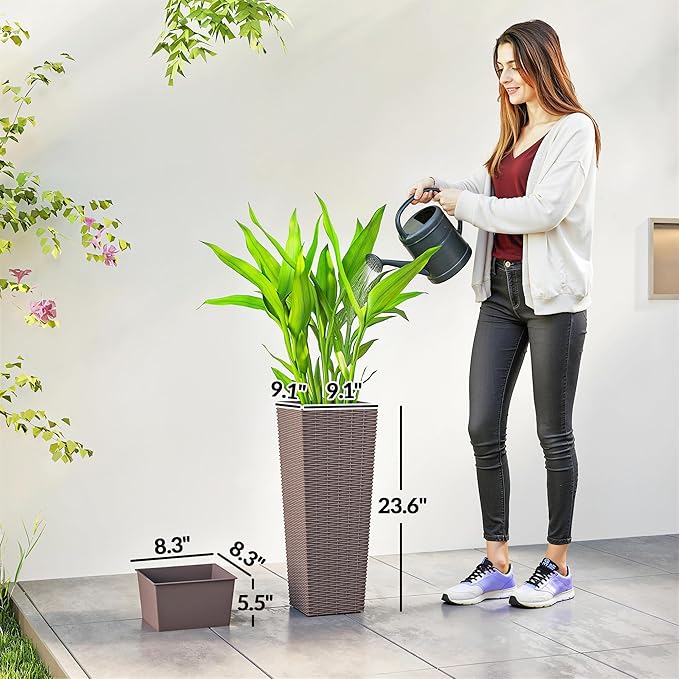 Outsunny 23.6 Inch Tall Planters for Outdoor Plants, Set of 2 Plastic Rattan-Like Flower Pots with Drainage Holes, Stackable Tapered Planters for Indoor Plants, Front Porch, Brown