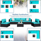 Shintenchi 7 Pieces Outdoor Patio Sectional Sofa Couch,PE Wicker Furniture Conversation Sets with Washable Cushions & Glass Coffee Table for Garden, Poolside, Backyard (Blue)