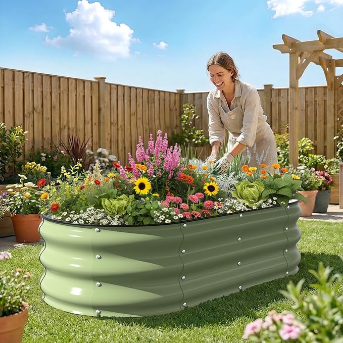 Kesfitt Raised Garden Bed, 4x2x1 FT Galvanized Steel Metal Raised Garden Bed, Oval Open-Bottom Design, 12-Inch Deep for Outdoor Vegetable & Herb Gardening, Fruit Green