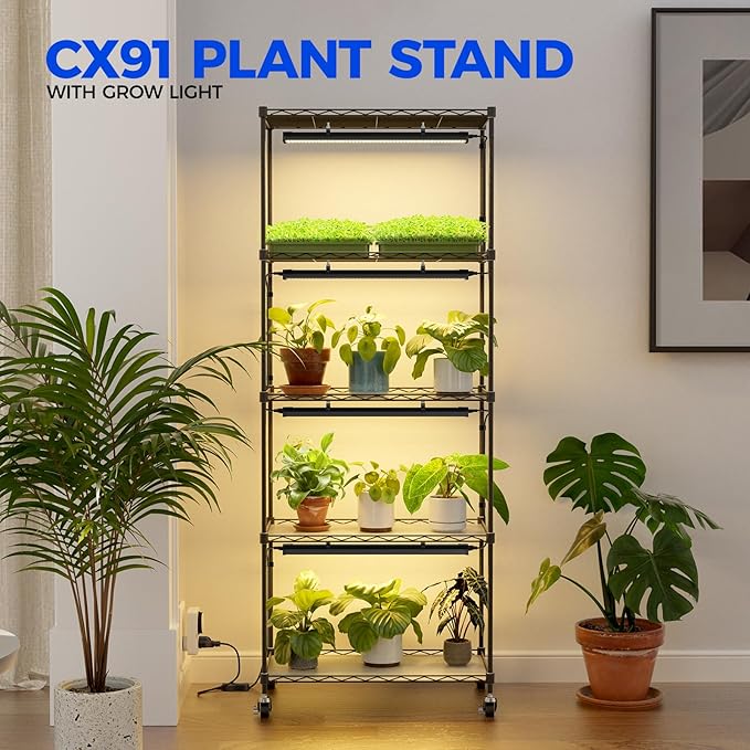 Barrina CX91 5-Tier Plant Stand with Grow Lights for Indoor Plants, Metal Plant Shelf Display Rack with 1.6FT 25W(Per Light) Full Spectrum Plant Lights for Indoor, Balcony, Living Room, 23.6x13.8x59IN