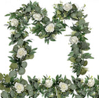 Artificial Eucalyptus Garland 2 Pack, 6.5 Ft Each, White Roses