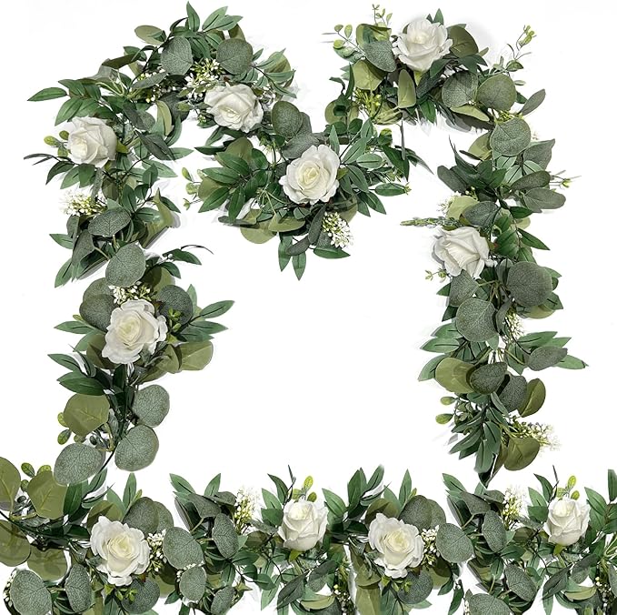 Artificial Eucalyptus Garland 2 Pack, 6.5 Ft Each, White Roses