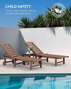 SERWALL Patio Chaise Lounge Set of 4, HDPE Outdoor Lounge Chair with Cup Holder, 5 Positions Adjustable Poly Lounger with Rolling Wheels for Poolside, Deck, Sunbathing, Brown