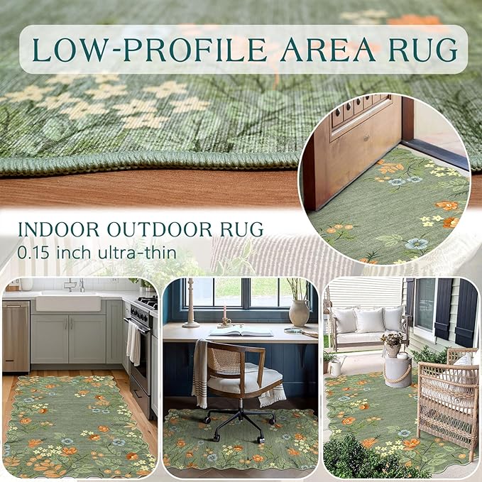 Outdoor Rug 3x5 Ft Sage Green Floral Washable Mat with Non-Slip Backing