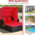 Tangkula Patio Rattan Daybed with Retractable Canopy, Outdoor Wicker Sunbed Lounger with 2 Foldable Side Tables, Thick Seat & Back Cushions, Outside Double Daybed for Garden, Backyard, Porch, Red