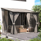 AECOJOY 10' X 8' Gazebo for Patio, Small Wall-Mounted Lean to Gazebo Pergola with Curtains and Netting, 8x10 Hard Top Pergolas and Gazebos on Clearance for Lawn Backyard Garden Deck