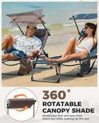 KingCamp Tanning Chair with Face Hole, Lounge Chairs Outdoor Folding Comfy Adjustable 5-Position Foldable Chaise Chaser with Canopy Shade for Outside Beach Patio Sun Bathing, Beige