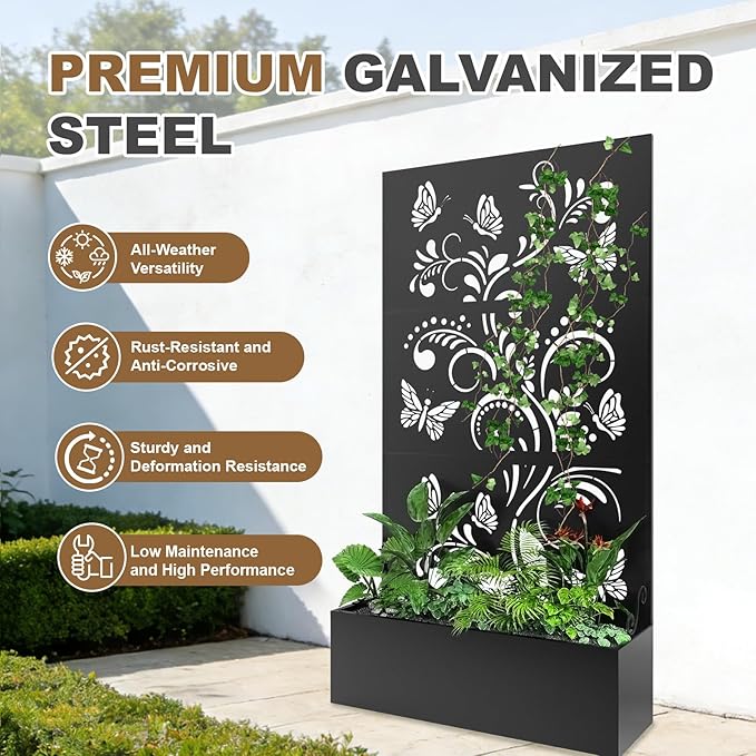 Metal Raised Garden Bed with Trellis & Privacy Screen, 71"x40"x11.8" Galvanized Freestanding Planter Box for Patio Balcony, Modern Planter with Drainage for Climbing Plants, Flowers & Vegetable
