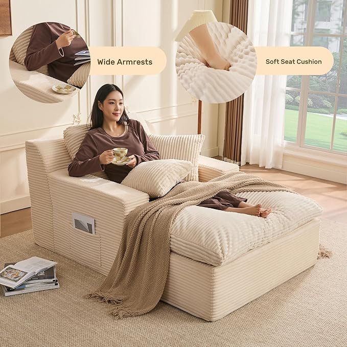 63" Chaise Lounge Chair Indoor, Set of Convertible Sleeper Sofa Couch with Throw Pillows & Side Pockets, Corduroy Upholstered Oversized Sofa Bed with Armrests for Living Room Bedroom, Beige