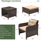 LHBcraft Balcony Furniture 5 Piece Wicker Patio Furniture Set, Outdoor Hand-Woven Rattan Lounge Chairs with Tempered Glass Coffee Table, Ottomans & Soft Cushions for Front Porch, Garden, Brown