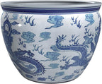 Red Lantern 18" Dragon Blue & White Porcelain Fishbowl