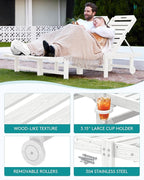 SERWALL Outdoor Chaise Lounge Set of 2, All-Weather HDPE Pool Lounge Chairs with 5-Position Adjustable Reclining Backrest, Rolling Wheels & Cup Holder for Poolside, White