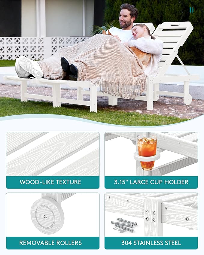 SERWALL Patio Chaise Lounge Chair Set of 4, HDPE Outdoor Lounge Chair with Cup Holder, 5 Positions Adjustable Pool Lounger with Rolling Wheels for Poolside, Deck, Sunbathing, White