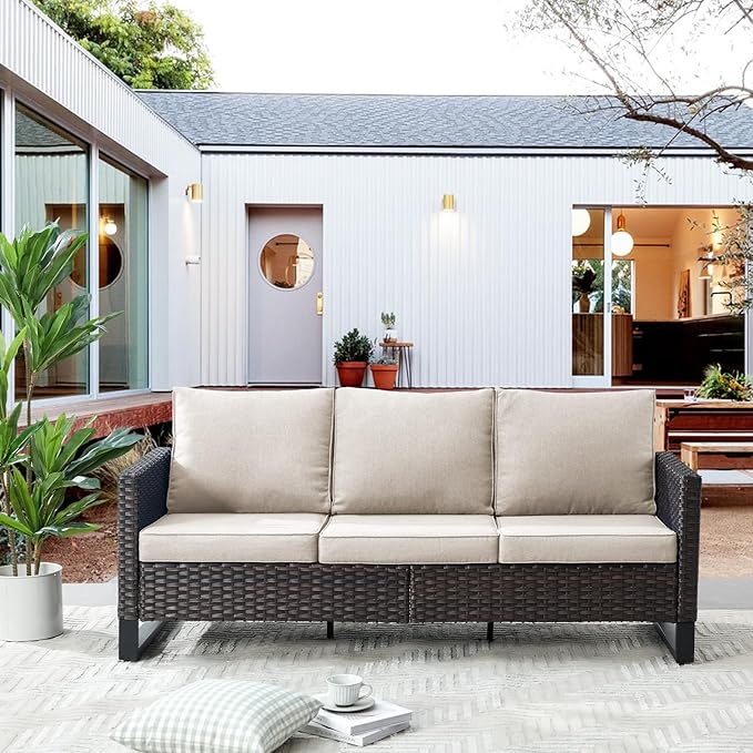 Belord Outdoor Couch Patio Furniture: Wicker Patio Sofa with Deep Seat High Back, 800Lbs Weight Capacity Oversize Outdoor Seating 3 Seater Rattan Couch, Anti-Rust Frame, Brown