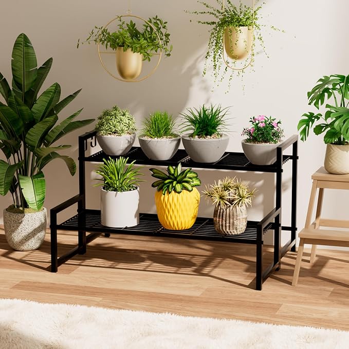Garden 4 you 2 Tier Metal Plant Stand Outdoor Indoor Waterproof, Stackable Heavy Duty Tall Plant Shelf Flower Pot Holder for Garden, Display Rack, Black