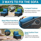 Jing's Villa 5-Piece Patio Furniture Set, All-Weather Outdoor Wicker Sectional Sofa with Cushions, Tempered Glass Table & Ottoman, Rattan Conversation Seating for Porch, Garden, Backyard,Peacock Blue