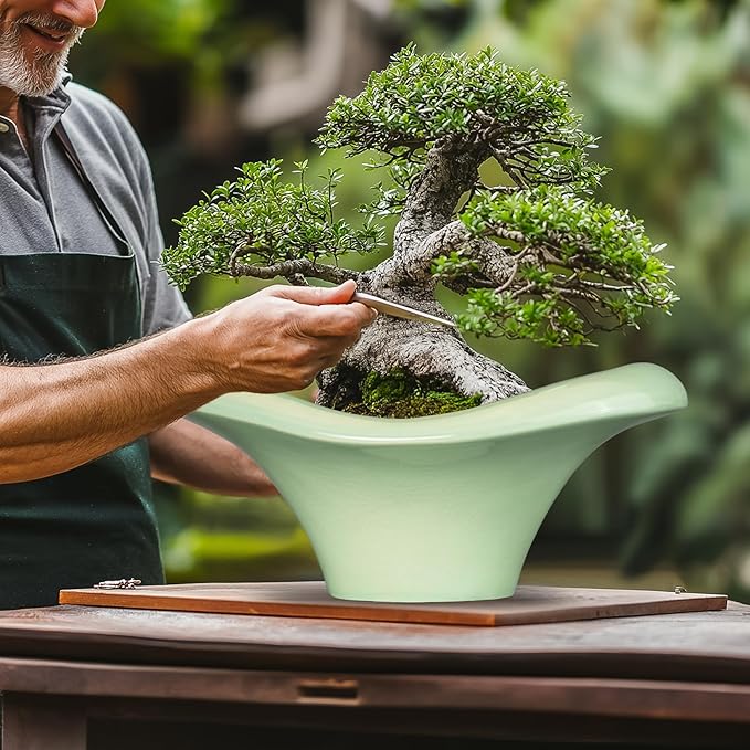 Ceramic Bonsai Pots - Large Succulent Planter 13 Inch Plant Pot Indoor Succulent Pot with Drainage Hole Outdoor Planter Bonsai Tree Pot for House Home Garden Office Decor Green