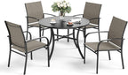 5 Piece Patio Dining Set for 4, 42" x 42" Round Metal Table with Umbrella Hole and 4 Brown Chairs, Outdoor Table and Chairs Set for Lawn Backyard and Deck