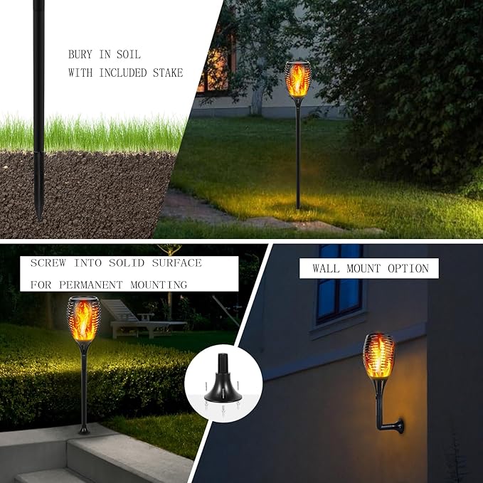 Solar Pathway Torches 4-Pack, 96 LEDs, 3 Flame Modes, 14-43 Inch Height