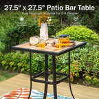 PHI VILLA Patio Bar Table, Outdoor Bar Height Bistro Table with Wooden-Like Table Top & Metal Frame, Brown