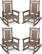 KINGYES HDPE Outdoor Rocking Chair Set of 4, Widened Seat Patio Rocking Chair, Oversized All Weather Patio Rocker, Brown