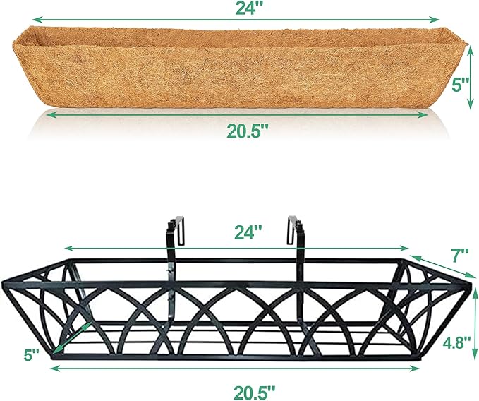6pcs 24 Inch Window Deck with Coco Liner, 24" Window Boxes Horse Trough with Coconut Coir Liner, Metal Hanging Flower Planter Window Basket Deck Railing Planter Boxes for Outdoor Indoor Lawn