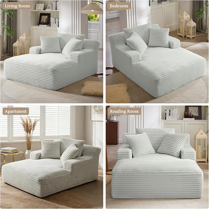 66" Chaise Lounge Chair Indoor, Oversized Boneless Couch Comfy Upholstered Sleeper Sofa Bed with 3 Pillows, Corduroy Cloud Reading Chair for Living Room No Assembly Required, Light Grey