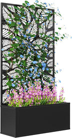 Outsunny Metal Raised Garden Bed with Trellis for Climbing Plants, Freestanding or Wall Mounted Flower Bed with Privacy Panel, Small Leaves Cut-Outs Outdoor Planter Box for Garden, Patio, Balcony