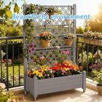 Mobile Garden Planter with Trellis & Lockable Wheels, Outdoor Raised Bed with Drainage & Water Gauge, Weather-Resistant Resin for Patio, Balcony, Yard, Dust-Resistant (Grey, 43.43*18.27*64.29)