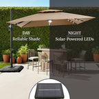 Best Choice Products 9x12ft LED Cantilever Patio Umbrella w/Base Included & 360° Rotation, Large Solar Offset Hanging Outdoor Sun Shade for Deck, Backyard Table w/Stand & Lights – Tan