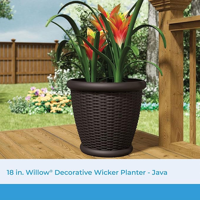 Suncast 3 Pack Wicker Planter w/Drillable Drain Holes, Decorative Indoor/Outdoor Pot, 18in, Java