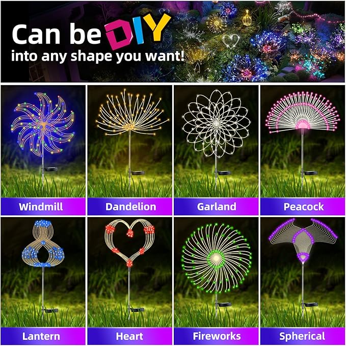 4 PCS Solar Firework Light, Outdoor Solar Garden Decorative Lights 120 LED Powered 40 Copper Wires String DIY Landscape Light for Walkway Pathway Backyard Christmas Decoration Parties (Colorful)