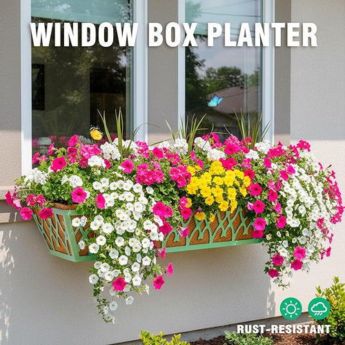 2 Pack 30 Inch Window Boxes Planters Railing Planter Box with Adjustable Brackets for Porch Fence Patio Balcony Hanging Flower Baskets with Coco Liners for Outdoor Garden Decor - Green