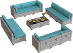 12-Seat Modular Patio Furniture Set – Outdoor Wicker Sectional Sofa with Thick 4″ Cushions, Dual-Strand PE Rattan, Rust-Resistant 18 mm Steel Frame, Backyard Garden Deck Lounge,Blue