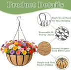Black Flat Iron Metal Hanging Planter Basket with Coco Coir Liner(2 Pack, 12 Inch) Hanging Planters for Outdoor Plants Round Plant Flower Pots Hanging Flower Basket for Outdoor Patio Garden Decoration