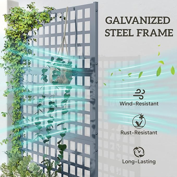 Outsunny Galvanized Raised Garden Bed with Trellis, Metal Planter Box with Drainage Holes, Outdoor Privacy Screen for Climbing Plants, Vegetable, Vines, 43" x 16" x 70", 2 Pack, Gray Wood Effect