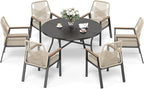 7 Pieces Patio Dining Set, 6 x Woven Rattan Chairs with Waterproof Cushion, 54” Metal Round Dining Table with Umbrella Hole, Outdoor Table and Chairs Set for Backyard Lawn and Deck