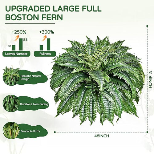 2 Pack Large 88 Leaves Artificial Ferns for Outdoors Look Real, Fake Large Faux Boston Ferns for Outdoor Planter Realistic UV Resistant Artificial Fake Plants for Porch Patio Hanging 47 inch