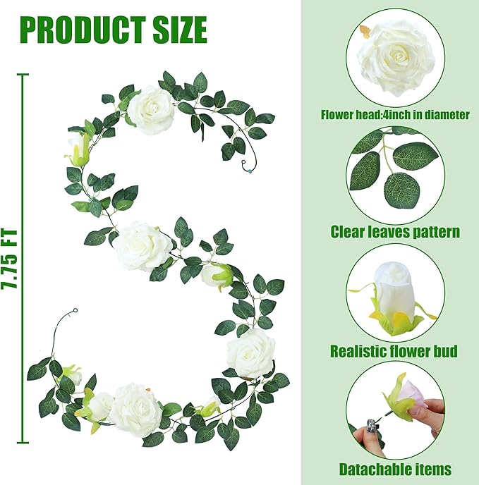 Artificial Rose Vine Garland, 6 Pack, White Silk, 7.75 Ft Each