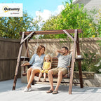 Outsunny 3 Seat Porch Swing with Stand, Wooden Patio Swing Chair with Side Tables and Metal Chains, Outdoor Swing Bench for Garden, Poolside, Backyard, Carbonized Brown