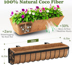 Railing Planter Boxes, 30 Inch Window Boxes Planters, Balcony Planters with Adjustable Brackets & Coco Liner & Support Rod for Outdoor Fence, Deck, Porch, and Patio Gardening, 2 Pack
