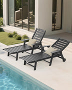Carauci Lounge Chair Outdoor Set of 2, HDPE Chaise Lounge with Wheels, 5-Position Adjustable Backrest & 2 Cup Holders Patio Lounge Chair, All-Weather Pool Sun Lounger for Poolside, Backyard, Black