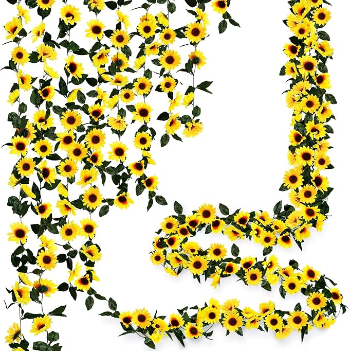 Artificial Sunflower Garland, 7.5 Ft Green Silk Vines, 12 Pack