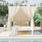 Merax Outdoor Patio Daybed with Soft Thick Cushions, Two Pillows and Curtains, Double Chaise Lounge Sunbed with Rubber Core Rope Backrest for Outside Pool,Garden,Backyard,Lawn, Beige