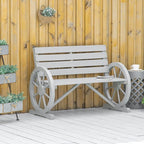 Outsunny 41" Wooden Wagon Wheel Bench, Rustic Outdoor Patio Weather Resistance Furniture, 2-Person Slatted Seat Bench with Backrest, Light Gray